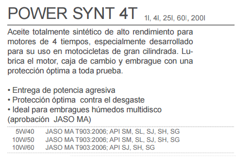 ACEITE MOTOREX POWER SYNT 4T 10W50 4L.